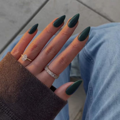 Picture of Dark Green Press on Nails Medium Stiletto Almond,KQueenest Pure Color Acrylic Nails Kit Reusable Fake Nails Christmas with Feature Protective UV Coating for Women Nail Art Manicure in 24PCS