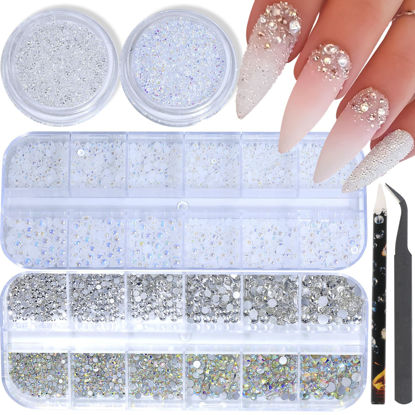 Picture of HNUIX Nail Rhinestones and Pearls Nail Charms, 4Box Crystals Nail Gems, Rhinestones, Pearl for Nails, 3D Bling Nail Decoration Accessories, with Wax Pencil and Tweezer