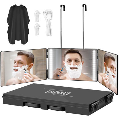 Picture of LMZNXCZ with LED Lights 3 Way Mirror for Self Hair Cutting,360 Haircuts Mirror Men for Barber Use Tools,to See Back of Head,Tri Fold Mirror with Portable Height Adjustable Telescoping Hooks