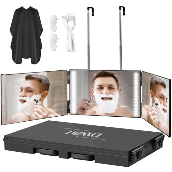 Picture of LMZNXCZ with LED Lights 3 Way Mirror for Self Hair Cutting,360 Haircuts Mirror Men for Barber Use Tools,to See Back of Head,Tri Fold Mirror with Portable Height Adjustable Telescoping Hooks
