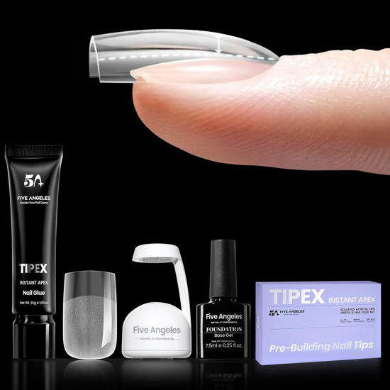 Picture of Five Angeles Tipex Gel Nail Tips Kit, Pre-etched Acrylic Hard Nail Tips Set for Beginners, Short Square Full Cover Press On Nails, Deep C Curve Flat Nails, 16 Sizes, UV Nail Glue, LED Lamp, Base Gel