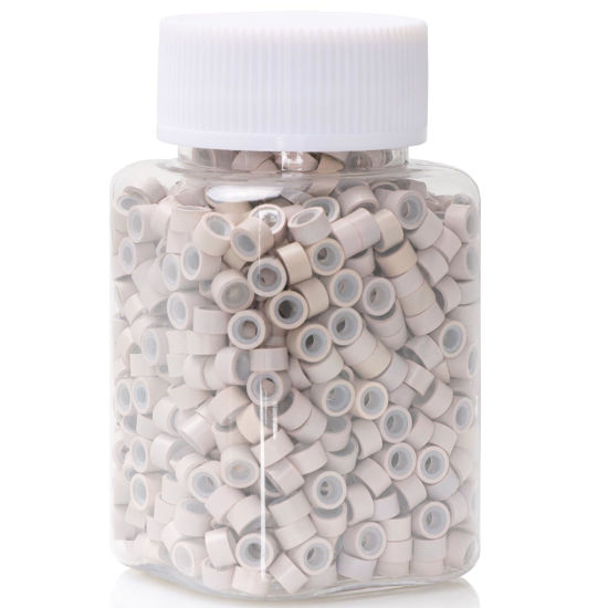 Picture of NIACONN 1000pcs Microlink Beads 5mm Silicone Lined Hair Tinsel Beads Micro Link Rings for Hair Extension - Off-White