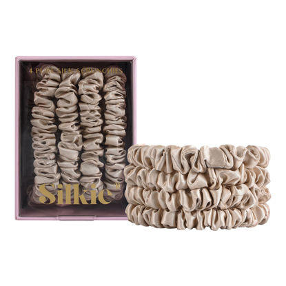 Picture of SILKIE x4 Set 100% Pure Mulberry Silk Black Brown Chocolate Pink Nude Neutral Skinny Scrunchies Travel Pouch Everyday Hair Ties Elastics Hair Care Ponytail Holder No Damage (Champagne)