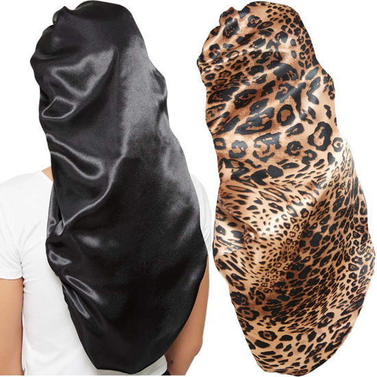 Picture of 2 Pcs Hair Bonnets for Women Satin, Black Leopard Soft Elastic Band Silky Sleeping Cap Big Bonnets for Women Bonnet for Braids