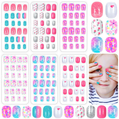 Picture of 144 Pieces Fake Nails for Kids Girls Artificial Kids Press on Nails Full Cover Short Acrylic Stick On Nails False Nail Tips Kit for Children Little Girls Nail Art Decoration (Gradient Pattern)