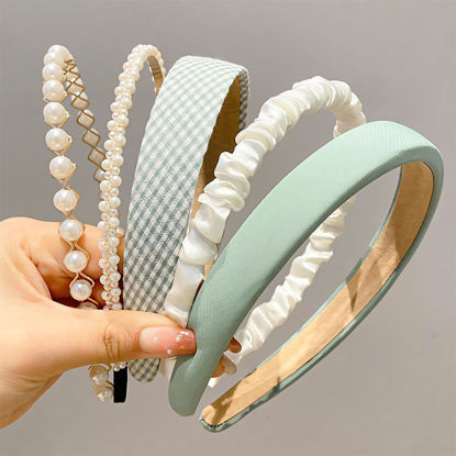 Picture of DOXISHRUKY Fashion Headbands for Women Girls Headbands Set, 5pcs Pearl Headband Floral Headbands Padded Headbands for Women Vintage Wide Headband (Green)