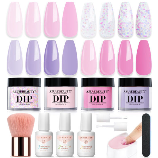 Picture of AZUREBEAUTY Dip Powder Nail Kit Starter, Pastel Lavender Pink Glitter, 4 Colors Spring Summer Dipping Powder Set, French Nail Art Base Top Activator Liquid Manicure DIY Salon 12 PCS