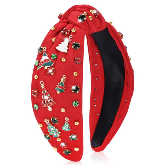 Picture of obeoby Christmas Headband for Women, Knotted Headband with Christmas Tree Crystal Pearl Snowflake Decorations Holiday Christmas Headband Accessories