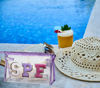 Picture of COSHAYSOO Clear Makeup Bag Preppy Sunscreen Zipper Pouch Beach Pool Travel Things Summer Stuff Traveling Cosmetic Toiletry Make Up Essential Gift for Women Teen Girl with Letter Patch Purple SPF