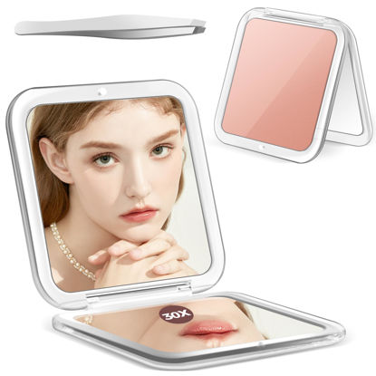 Picture of MIYADIVA Compact Mirror, 30X Magnifying Mirror, Pocket Mirror for Purse, Travel Makeup Mirror with 30X/1X Magnification, Travel Essentials Mirror, Precision Tweezers, Present for Girls