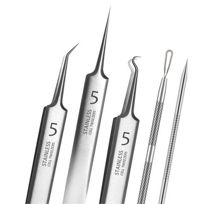 Picture of 5pcs Blackhead Remover Tweezers Pimple Popper Tool Kit, Precision Acne Needle Comedone Blackhead Tweezers Extractor Removal Whitehead Popping Zit for Nose Face Skin Blemish Extractor Tool