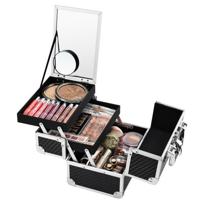 Picture of Joligrace Makeup Box Cosmetic Train Case Jewelry Organizer Box - 2 Trays Key Lock Portable Carrying with Mirror Travel Storage Modern Style Black