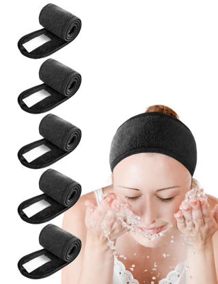 Picture of EUICAE Spa Headband 5-Pack Black Sweat Head Towel Wraps - Non-slip Stretchable, Washable for Makeup, Face Wash, Facial Treatment, Sports