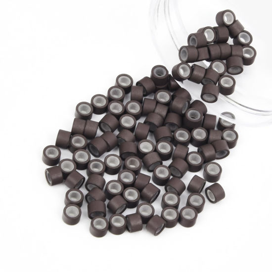 Picture of Vlasy 100Pcs 4mm Silicone Lined Micro Ring Beads for Hair Extensions 5Colors Apply (100Pcs Brown)