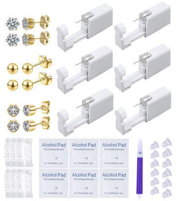 Picture of VitaCool 37 Pcs Ear Piercing Kit Disposable Ear Piercing Gun Kit with Sterile Multi-Sized CZ Earring Studs Easy and Safe Earring Self Piercing Kit for Your Own Use at Home (3Mix-3mm-Gold-)