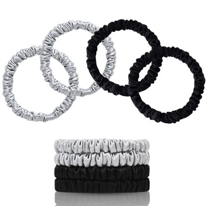 Picture of SEMRUE 100% Mulberry Silk Scrunchies, 4 Count (Black, Silver Gray) - 22 Momme Pure Mulberry Silk, Elastic Hair Ties, Protects Hair from Damage, Suitable for Various Hairstyles, Fashion Item Choice