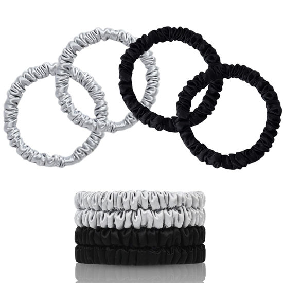 Picture of SEMRUE 100% Mulberry Silk Scrunchies, 4 Count (Black, Silver Gray) - 22 Momme Pure Mulberry Silk, Elastic Hair Ties, Protects Hair from Damage, Suitable for Various Hairstyles, Fashion Item Choice