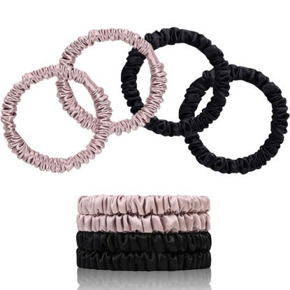 Picture of SEMRUE 22 Momme Pure Mulberry Silk Scrunchies, Silk Hair Ties Elastics for Hair Sleep, Hair Care and No Damage, 4 PCS (Black*2+Lotus Pink*2)