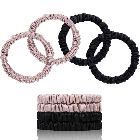 Picture of SEMRUE 22 Momme Pure Mulberry Silk Scrunchies, Silk Hair Ties Elastics for Hair Sleep, Hair Care and No Damage, 4 PCS (Black*2+Lotus Pink*2)