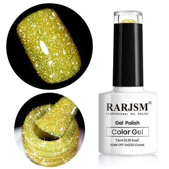 Picture of RARJSM Reflective Gel Nail Polish, Yellow Gel Nail Polish, 7.5ml 0.25Floz Yellow Nail Gel Glitter Gel Polish Summer Candy Collection Diamond Shimmer for Starter Nail DIY at Home UV LED Lamp Required