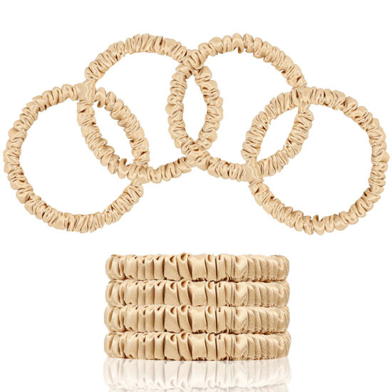 Picture of SEMRUE 100% Mulberry Silk Scrunchies, 4 PCS, 22 Momme, Hair Sleep, Silk Hair Ties Elastics Hair Care, No Damage, Champagne Gold