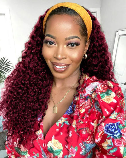 Picture of Celiarita Red Burgundy Headband Wig Human Hair Deep Wave Half Wigs for Black Women #99J Wine Glueless None Lace Front Machine Made 150% Density Deep Wave Headband Wigs Human Hair 22 Inch