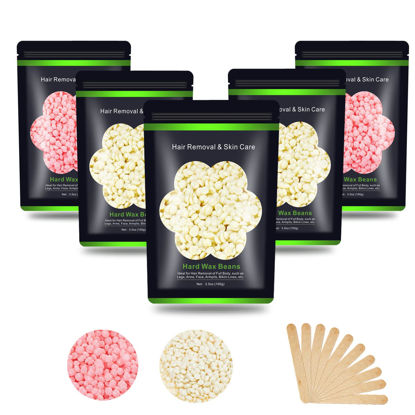 Picture of Auperwel Wax Beads for Hair Removal 1.1 lb (17.6 oz), Hard Wax Beads for Sensitive Skin - Brazilian, Face, Bikini, Legs, Eyebrow, Painless Waxing Beads Kit for Women Men, 5 Packs with 10 Wax Sticks