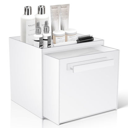 Picture of TAINESS Disposable Face Towel Storage Box Compatible with Clean Skin Club Clean Towel XL Acrylic Facial Towels Holder with Drawer Wall-Mounted Makeup Organizer for Vanity, Bathroom (Glossy White)