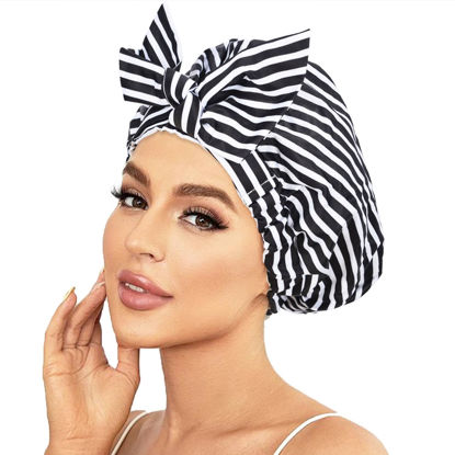 Picture of Luvruitaky Shower Cap Luxury Shower Caps for Women Reusable Waterproof Hair Cap for Shower with Adjustable Bowknot Hair Bath Cap (Black Stripe)