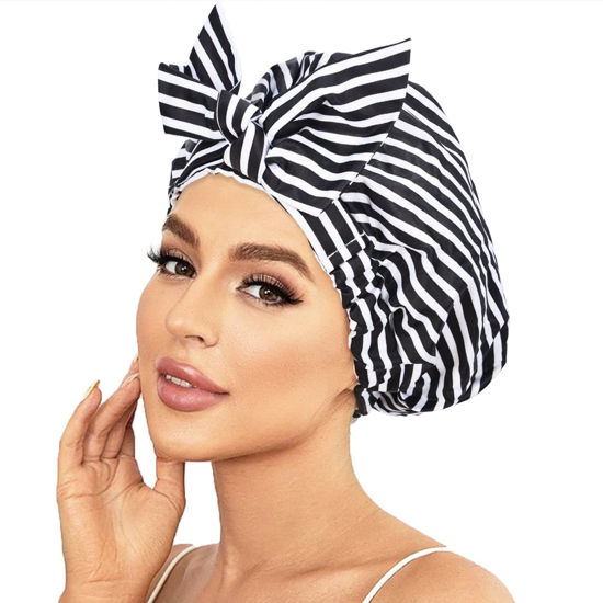 Picture of Luvruitaky Shower Cap Luxury Shower Caps for Women Reusable Waterproof Hair Cap for Shower with Adjustable Bowknot Hair Bath Cap (Black Stripe)