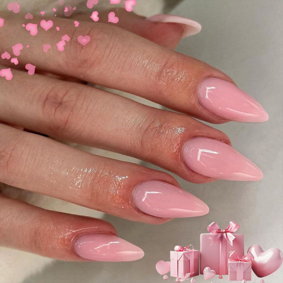 Picture of Rose Pink Press on Nails Medium Stiletto Almond,KQueenest Glossy Press on Acrylic Nails Set,Reusable Medium Fake Nails for Women Nails Art Manicure in 24 PCS