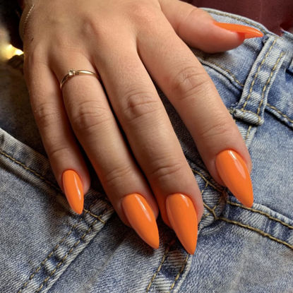 Picture of Orange Press on Nails Medium Stiletto Almond,KQueenest Glossy Acrylic Nails Kit Reusable Fake Nails Feature Protective UV Coating for Women Nail Art Manicure in 24PCS