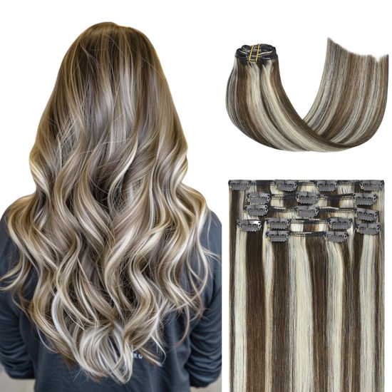 Picture of Honsoo Hair Extensions Medium Brown To Blonde Clip In Hair Extensions Real Human Hair 70g 7pcs 12inch Short 100% Remy Seamless Clips Human Hair No Tangles