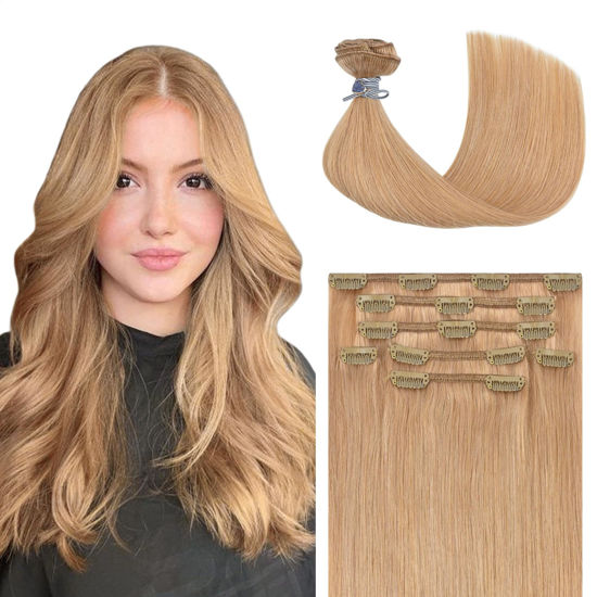 Picture of Honsoo Real Human Hair Clip In Hair Extensions 70g Golden Brown 7pcs 15in Silky Straight Hair Double Weft No Shedding Hair Extensions Clip Ins For Full Head