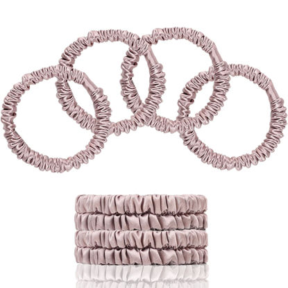 Picture of SEMRUE 22 Momme 100% Pure Mulberry Silk Scrunchies (4 PCS) - Small Hair Elastics and Ties for Women, Sleep Hair Care, No Damage, Lotus Pink