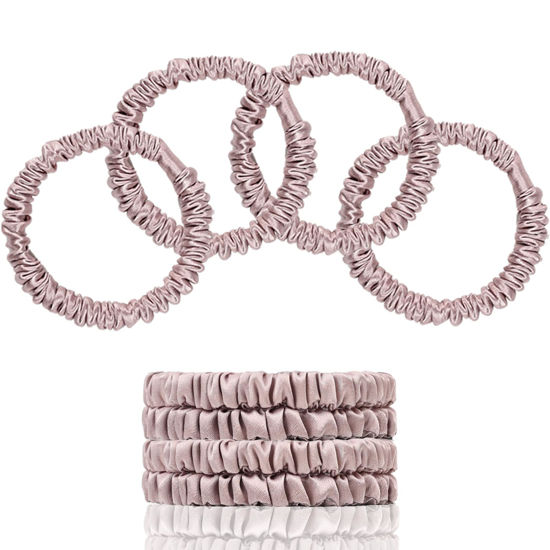 Picture of SEMRUE 22 Momme 100% Pure Mulberry Silk Scrunchies (4 PCS) - Small Hair Elastics and Ties for Women, Sleep Hair Care, No Damage, Lotus Pink