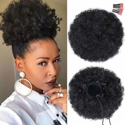 Picture of rosmile Afro Puff Clip On Synthetic Ponytail Extension for Black Women, 80gram 1B# Short Kinky Bun for Natural Hair