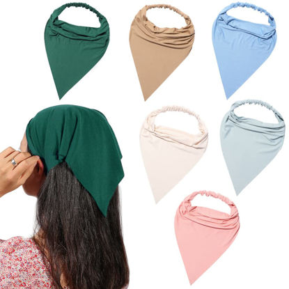 Picture of 6 Pack Hair Scarf Headband for Women - Elastic Hair Kerchief Large Boho Triangle Bandana Head Scarf with Clips Non Slip Solid Color Headbands Hair Scarves Hair Accessories for Teen Girls