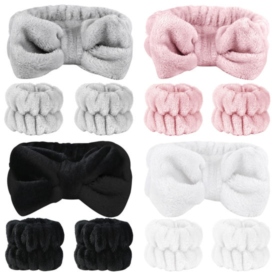 Picture of SLNZAPTY 12 PCS Face Wash Headband Wristband Set for Women Girls, Soft Microfiber Facial Spa Hair Wraps Makeup Skincare Bath Headbands Wrist Bands for Washing Face（White, Pink, Gray, Black）