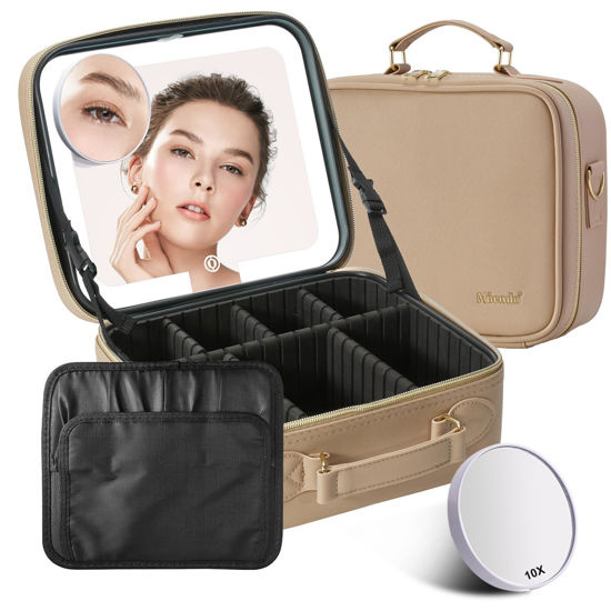 Picture of Mocado Travel Makeup Bag with LED Lighted Mirror,Travel Makeup Organizer,Makeup Case with 3 Color Lighted Setting and 10x Magnifying Mirror,Portable Storage and Adjustable Dividers Makeup Box(Khaki)