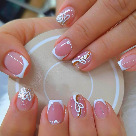 Picture of RUOKEXIN Medium Square Press on Nails White French Tip Fake Nails Gold Sparkly False Nails with Heart Designs Valentine Day Glue on Nails Glossy Artificial Nails Cute Stick on Nails for Women 24Pcs