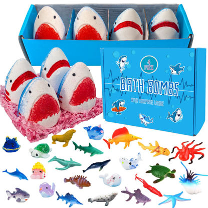 Picture of Kids Bath Bombs with Surprise Inside,4 Pack Marine Shark Bath Bomb for with Ocean Sea Animals for Girls Boys Toddlers, Safe Natural & Organic