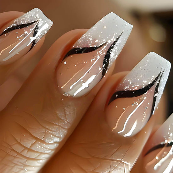 Picture of RUOKEXIN Coffin Press on Nails French Tip Fake Nails Medium False Nails with Glitter Designs Medium Coffin Nail Press ons Nude Full Cover Glue on Nails Cute Stick on Nails for Women 24Pcs