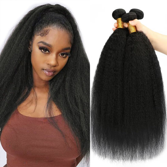 Picture of 14 16 18 Kinky Straight Bundles Human Hair Yaki Straight Human Hair 3 Bundles 100% Unprocessed Brazilian Virgin Remy Hair Yaki Straight Bundles For Black Women Natural Black Color