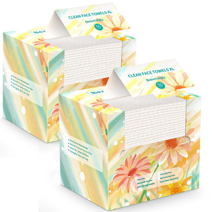 Picture of Beauntangly Disposable Face Towel, XL Facial Towelettes Soft Thick Absorbent, Lint-Free Biodegradable Makeup Remover Dry Wipes for Skin Care Washing Drying Nursing Camping Travel Essentials, 100 Ct