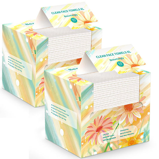 Picture of Beauntangly Disposable Face Towel, XL Facial Towelettes Soft Thick Absorbent, Lint-Free Biodegradable Makeup Remover Dry Wipes for Skin Care Washing Drying Nursing Camping Travel Essentials, 100 Ct