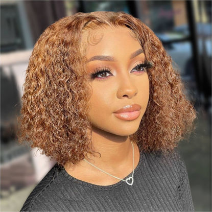 Picture of HIRIREMY Ombre Highlight Curly Bob Wigs Human Hair Pre Plucked Wear And Go Glueless Deep Wave 13x4 HD Honey Blonde Highlight Lace Front Bob Wigs Human Hair For Black Women Wet And Wavy 4/27 12 Inch