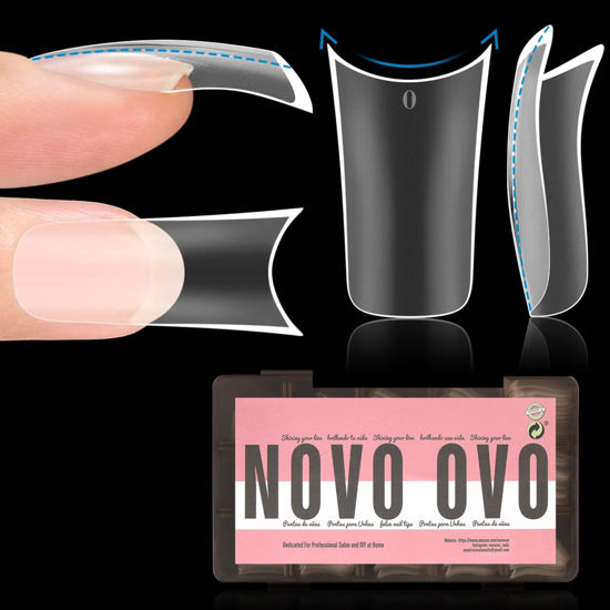 Picture of NOVO OVO Extra Thick Duck Feet Nail Tips Full Cover for Press on Acrylic with Moon Curve, Medim Long Clear Pre-Etched Matter Flare Wide French Soft Gel Fake False Nail Extension x 15 Sizes 150 pcs