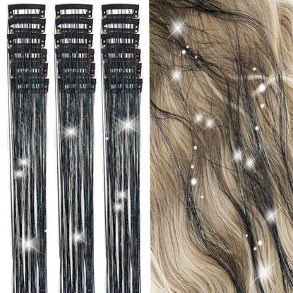 Picture of ZYXQZYX Hair Tinsel Kit Pack of 18 Pcs Hair Tinsel Clip in 19.6Inch Glitter Tinsel Hair Extensions Heat Resistant Clip in Hair Tinsel Sparkle Fairy Hair Accessories for Kids Girls Women (Black)