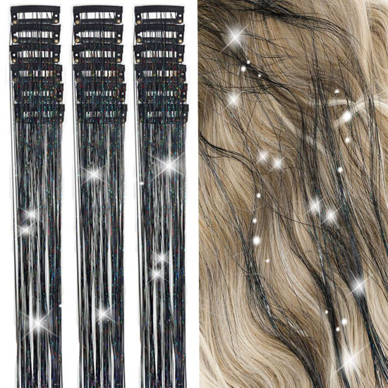 Picture of ZYXQZYX Hair Tinsel Kit Pack of 18 Pcs Hair Tinsel Clip in 19.6Inch Glitter Tinsel Hair Extensions Heat Resistant Clip in Hair Tinsel Sparkle Fairy Hair Accessories for Kids Girls Women (Black)